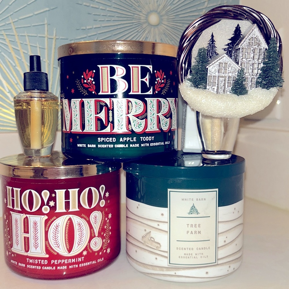 Bath&Body Works White Barn Holiday Scents- 
3 Candles and Plug In Oil